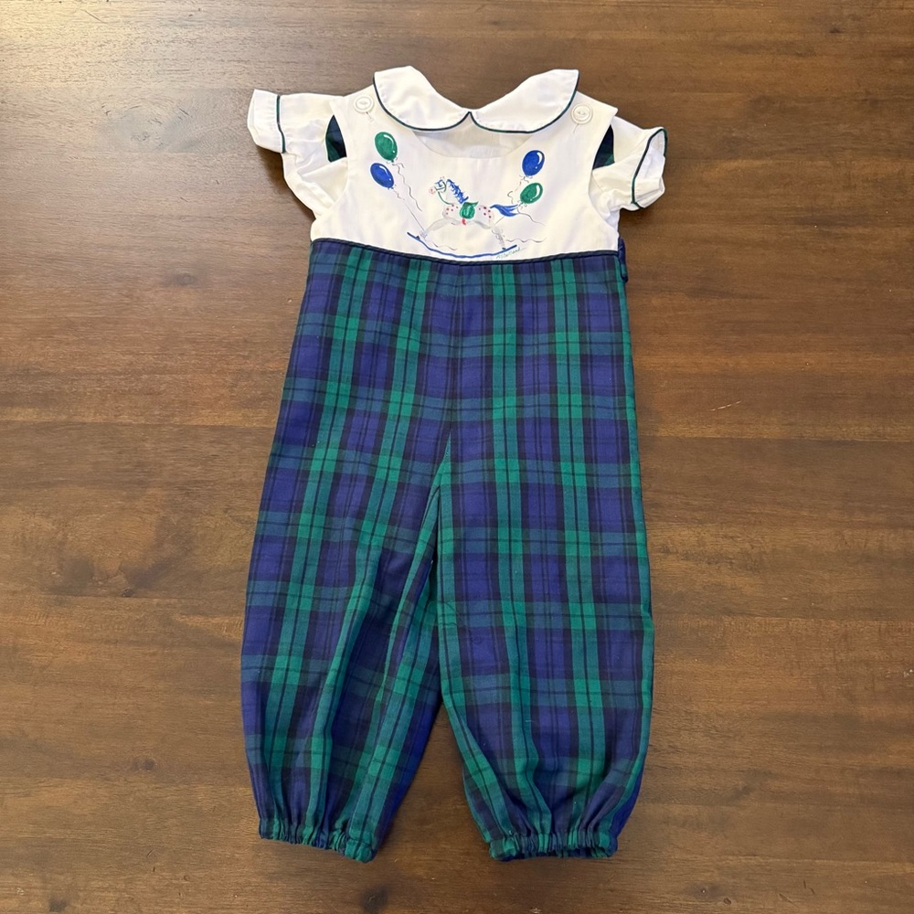 Vintage Charming‎ Plaid Kids Romper with Hand Painted Rocking Horse